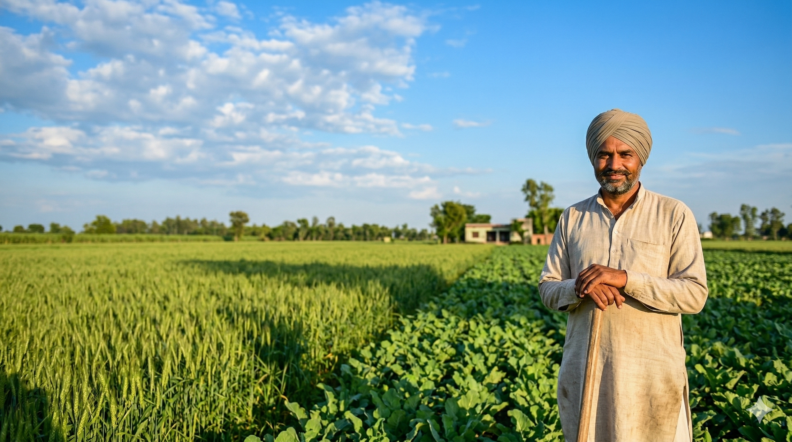Prosperous Indian farmer standing confidently in a sunlit field